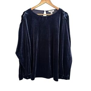 NEW Halston Women's XXL Deep Navy Velvet Curvy Plus Pullover Ruche Shoulder Top
